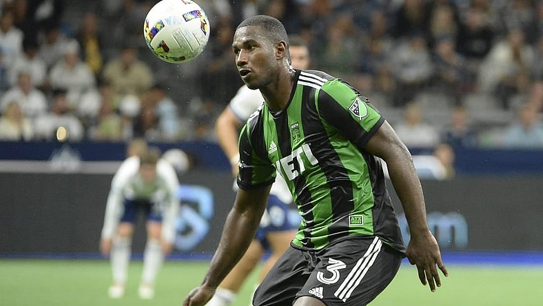 Oct 1, 2022; Vancouver, British Columbia, CAN;  Austin FC defender Jhohan Romana (3) heads the ball during the second half against the Vancouver Whitecaps FC at BC Place. Mandatory Credit: Anne-Marie Sorvin-USA TODAY Sports