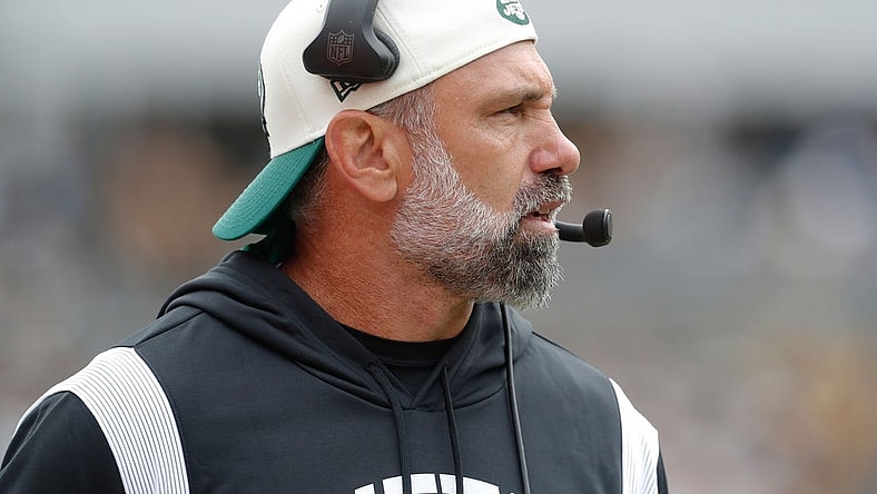 Oct 2, 2022; Pittsburgh, Pennsylvania, USA;  New York Jets defensive coordinator Jeff Ulbrich on the sidelines against the Pittsburgh Steelers during the second quarter at Acrisure Stadium. Mandatory Credit: Charles LeClaire-USA TODAY Sports