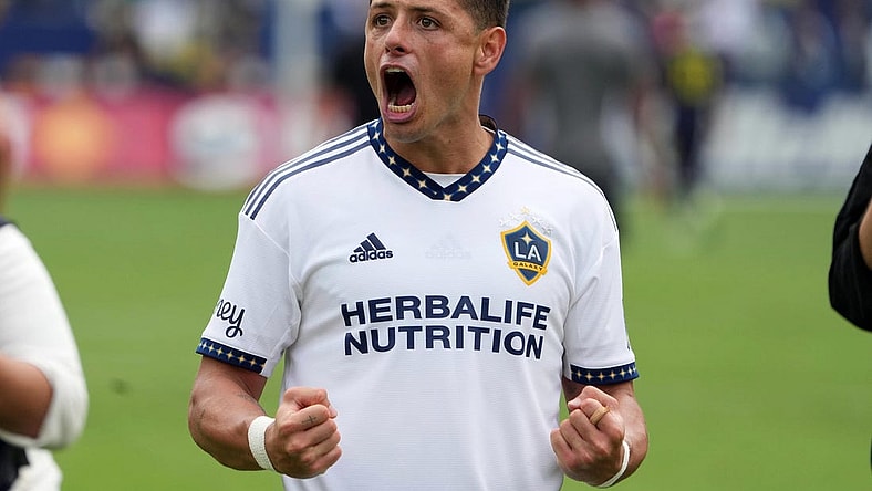 Oct 15, 2022; Carson, California, USA;  LA Galaxy forward Chicharito aka Javier Hernandez (14) celebrates after the game against the Nashville SC at Dignity Health Sports Park. Mandatory Credit: Kirby Lee-USA TODAY Sports