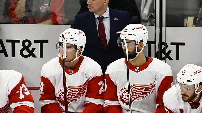 Oct 21, 2022; Chicago, Illinois, USA; Detroit Red Wings head coach Derek Lalonde looks on from the bench during the second period against the Chicago Blackhawks at United Center. Mandatory Credit: Matt Marton-USA TODAY Sports