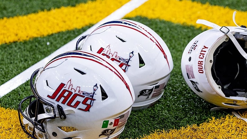 Dec 21, 2022; New Orleans, Louisiana, USA;  General view of the South Alabama Jaguars helmets against the Western Kentucky Hilltoppers during the first half at Caesars Superdome. Mandatory Credit: Stephen Lew-USA TODAY Sports