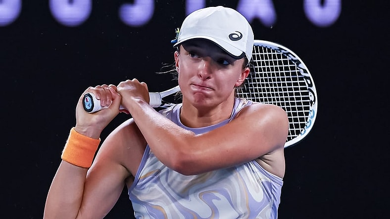 Jan 18, 2023; Melbourne, Victoria, Australia; Iga Swiatek during her second round match against Camila Osorio on day three of the 2023 Australian Open tennis tournament at Melbourne Park. Mandatory Credit: Mike Frey-USA TODAY Sports