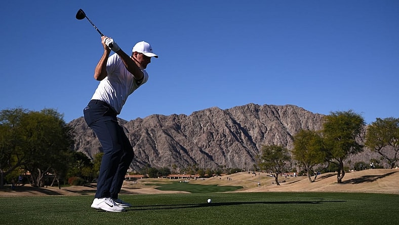 Jan 21, 2023; La Quinta, California, USA; Scottie Scheffler plays his shot from the third tee during the third round of The American Express golf tournament at Pete Dye Stadium Course. Mandatory Credit: Orlando Ramirez-USA TODAY Sports