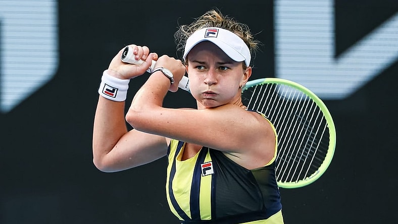 Jan 22, 2023; Melbourne, VICTORIA, Australia; Barbora Krejcikova from the Czech Republic during her fourth round match against Jessica Pegula from the United States on day seven of the 2023 Australian Open tennis tournament at Melbourne Park. Mandatory Credit: Mike Frey-USA TODAY Sports
