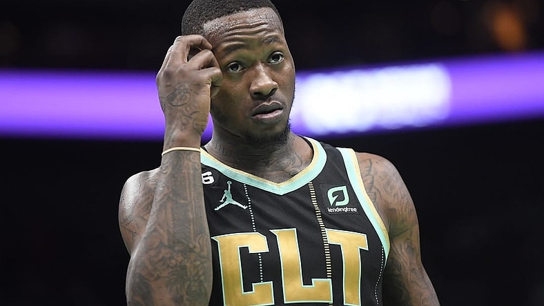 Jan 26, 2023; Charlotte, North Carolina, USA; Charlotte Hornets guard Terry Rozier (3) reacts after being called on a foul during the second half against the Chicago Bulls at the Spectrum Center. Mandatory Credit: Sam Sharpe-USA TODAY Sports