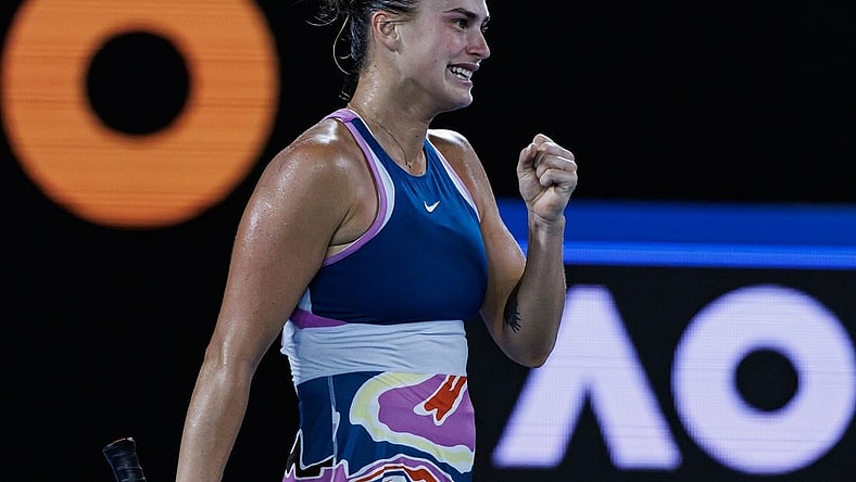 Jan 28, 2023; Melbourne, Victoria, Australia; Aryna Sabalenka of Belarus celebrates after her victory over Elena Ribakina of Kazakhstan in the women   s singles final on day thirteen of the 2023 Australian Open tennis tournament at Melbourne Park. Mandatory Credit: Mike Frey-USA TODAY Sports