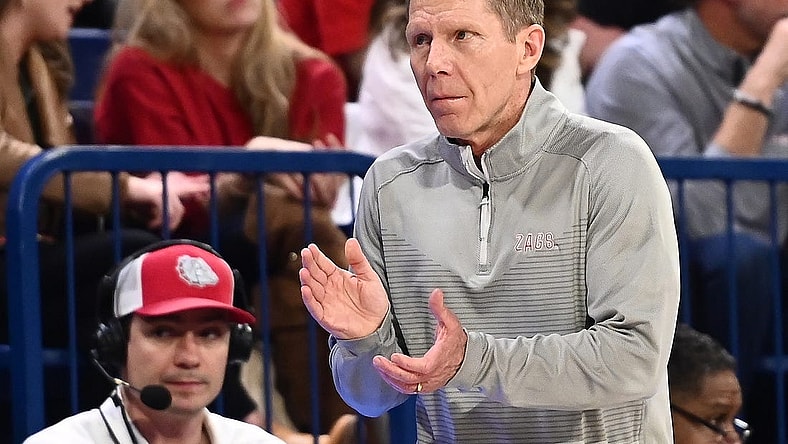 Feb 2, 2023; Spokane, Washington, USA; Gonzaga Bulldogs head coach Mark Few looks on against the Santa Clara Broncos in the second half at McCarthey Athletic Center. Gonzaga won 88-70. Mandatory Credit: James Snook-USA TODAY Sports