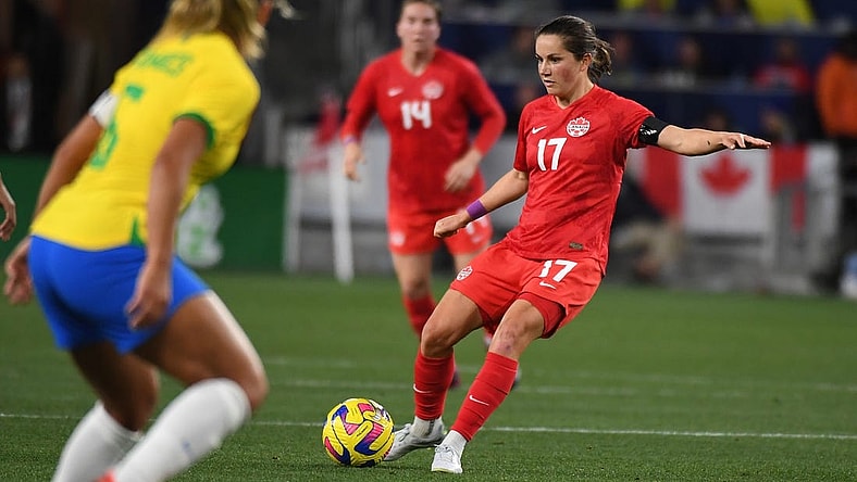 Feb 19, 2023; Nashville, Tennessee, USA; Canada midfielder Jessie Fleming (17) passes the ball during the first half against Brazil at Geodis Park. Mandatory Credit: Christopher Hanewinckel-USA TODAY Sports