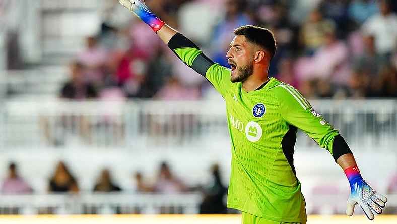 Feb 25, 2023; Fort Lauderdale, Florida, USA; CF Montreal goalkeeper James Pantemis (41) calls out to his team against Inter Miami CF during the first half at DRV PNK Stadium. Mandatory Credit: John David Mercer-USA TODAY Sports