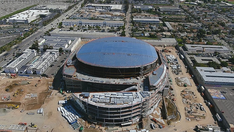 Mar 7, 2023; Inglewood CA, USA; A general overall aerial view of the Intuit Dome construction site. The arena, the future home of the LA Clippers, is scheduled to be completed in 2024. Mandatory Credit: Kirby Lee-USA TODAY Sports