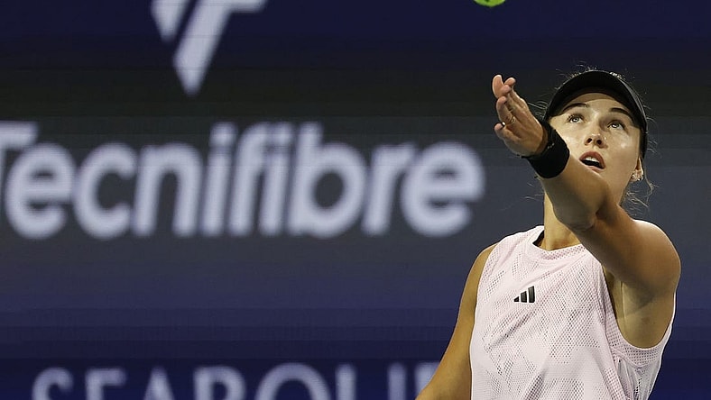 Mar 23, 2023; Miami, Florida, US; Anna Kalinskaya serves against Elena Rybakina (KAZ) (not pictured) on day four of the Miami Open at Hard Rock Stadium. Mandatory Credit: Geoff Burke-USA TODAY Sports