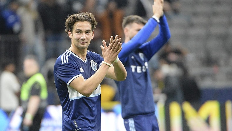 Apr 1, 2023; Vancouver, British Columbia, CAN;  Vancouver Whitecaps FC forward Simon Becher (29) celebrates the win over the CF Montreal after the second half at BC Place. Mandatory Credit: Anne-Marie Sorvin-USA TODAY Sports