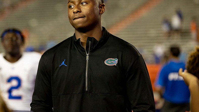 Florida Gators recruit DJ Lagway listens to Florida Gators offensive analyst for quarterbacks Ryan O'Hara speak after the game during the Florida Gators Orange and Blue Spring Game at Steve Spurrier Field at Ben Hill Griffin Stadium in Gainesville, FL on Thursday, April 13, 2023. [Matt Pendleton/Gainesville Sun]

Ncaa Football Florida Gators Orange Blue Spring Game