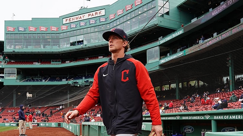 Apr 29, 2023; Boston, Massachusetts, USA; Cleveland Guardians starting pitcher Zach Plesac (34) walks onto the field before the start of the game against the Boston Red Soxat Fenway Park. Mandatory Credit: David Butler II-USA TODAY Sports