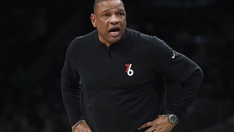 May 9, 2023; Boston, Massachusetts, USA; Philadelphia 76ers head coach Doc Rivers in the second half during game five of the 2023 NBA playoffs against the Boston Celtics at TD Garden. Mandatory Credit: Bob DeChiara-USA TODAY Sports