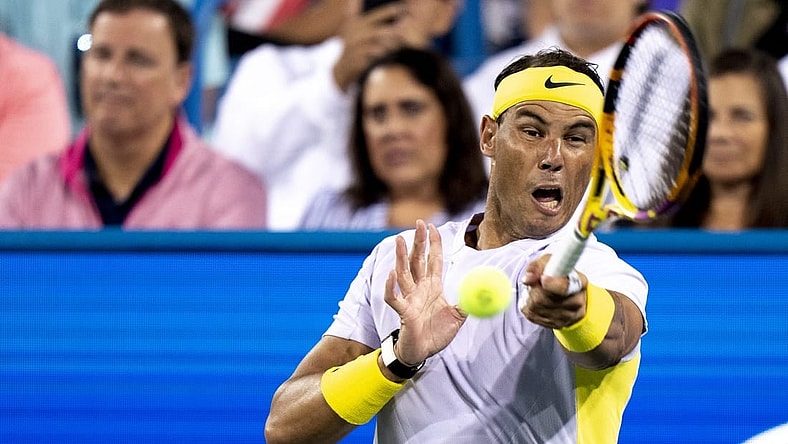 Rafael Nadal returns to Borna Coric during the third set of their match in the Western & Southern Open at the Lindner Family Tennis Center in Mason, Ohio, on Wednesday, Aug. 17, 2022. Borna Coric defeated Rafael Nadal 7-6, 4-6, 6-3.