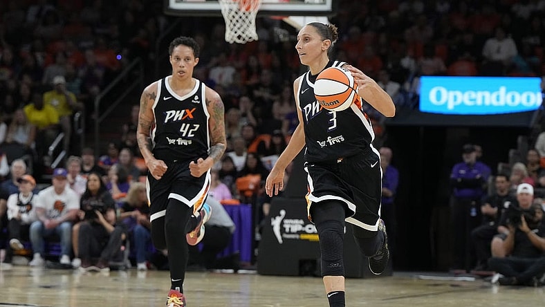 May 21, 2023; Phoenix, Arizona, USA; Phoenix Mercury guard Diana Taurasi (3) and center Brittney Griner (42) run up court against the Chicago Sky in the first half at Footprint Center. Mandatory Credit: Rick Scuteri-USA TODAY Sports