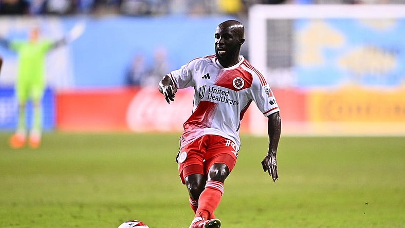 May 20, 2023; Philadelphia, Pennsylvania, USA; New England Revolution midfielder Emmanuel Boateng (18) passes the ball against the Philadelphia Union in the second half at Subaru Park. Mandatory Credit: Kyle Ross-USA TODAY Sports