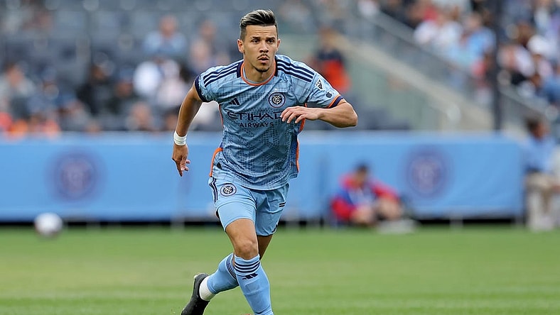 Jun 3, 2023; New York, New York, USA; New York City FC midfielder Alfredo Morales (7) controls the ball against the New England Revolution during the first half at Yankee Stadium. Mandatory Credit: Brad Penner-USA TODAY Sports