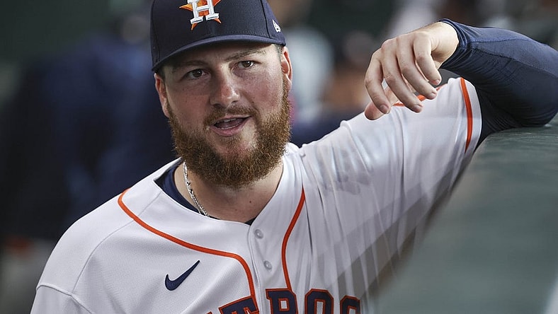 Jun 13, 2023; Houston, Texas, USA; Houston Astros relief pitcher Matt Gage (91) in the dugout before the game against the Washington Nationals at Minute Maid Park. Mandatory Credit: Troy Taormina-USA TODAY Sports