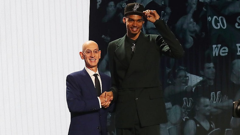 Jun 22, 2023; Brooklyn, NY, USA; Victor Wembanyama poses for photos with NBA commissioner Adam Silver after being selected first by the San Antonio Spurs in the first round of the 2023 NBA Draft at Barclays Arena. Mandatory Credit: Wendell Cruz-USA TODAY Sports