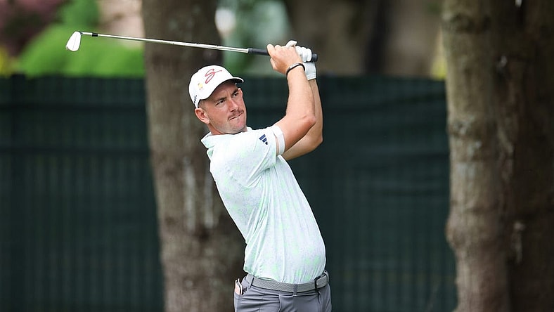 Jun 23, 2023; Cromwell, Connecticut, USA; Lucas Herbert plays his shot from the eighth tee during the second round of the Travelers Championship golf tournament. Mandatory Credit: Vincent Carchietta-USA TODAY Sports