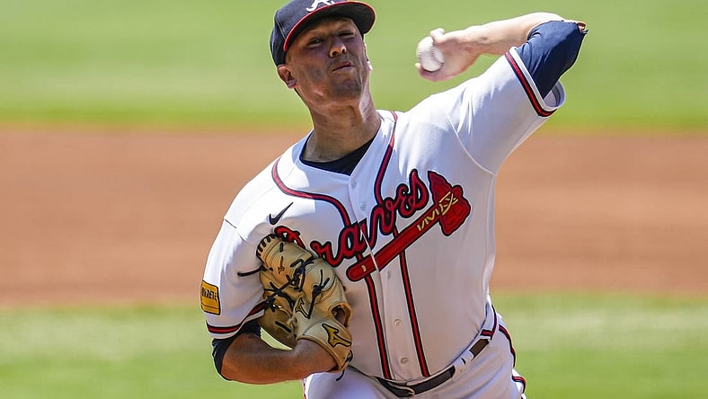 Jun 28, 2023; Cumberland, Georgia, USA; Atlanta Braves starting pitcher Kolby Allard (49) pitches against the Minnesota Twins during the first inning at Truist Park. Mandatory Credit: Dale Zanine-USA TODAY Sports