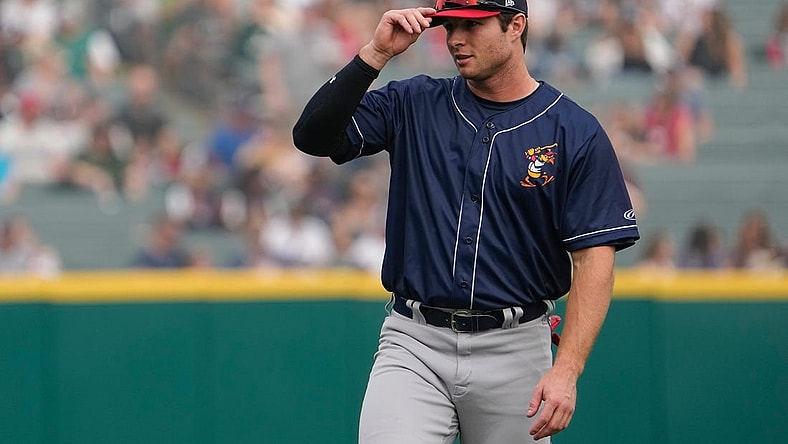 Jun 28, 2023; Columbus, Ohio, USA;  Toledo Mud Hens second baseman Colt Keith (39) warms up prior to the MiLB baseball game against the Columbus Clippers at Huntington Park. Mandatory Credit: Adam Cairns-The Columbus Dispatch
