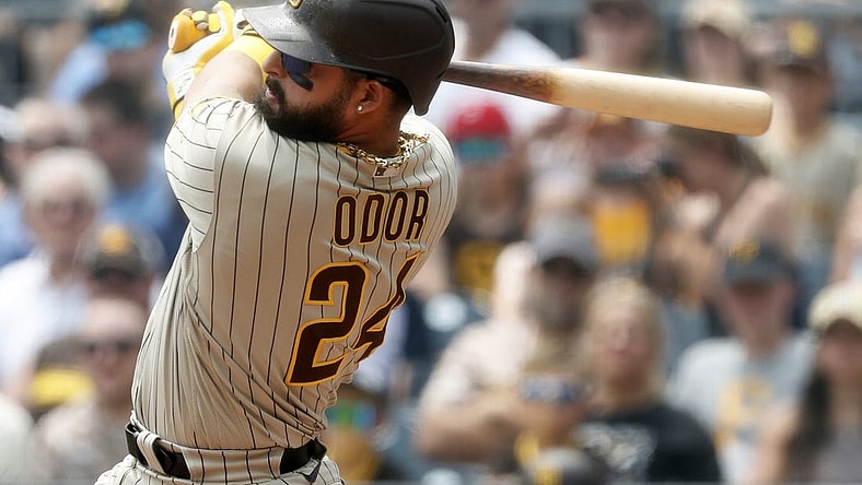 Jun 29, 2023; Pittsburgh, Pennsylvania, USA; San Diego Padres right fielder Rougned Odor (24) hits a single against the Pittsburgh Pirates during the second inning at PNC Park. Mandatory Credit: Charles LeClaire-USA TODAY Sports
