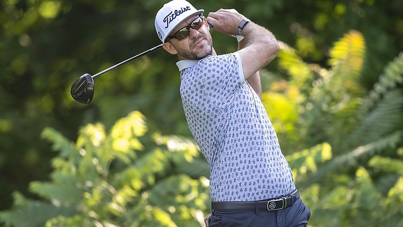 Jul 6, 2023; Silvis, Illinois, USA; Lanto Griffin tees off on the second hole during the first round of the John Deere Classic golf tournament. Mandatory Credit: Marc Lebryk-USA TODAY Sports