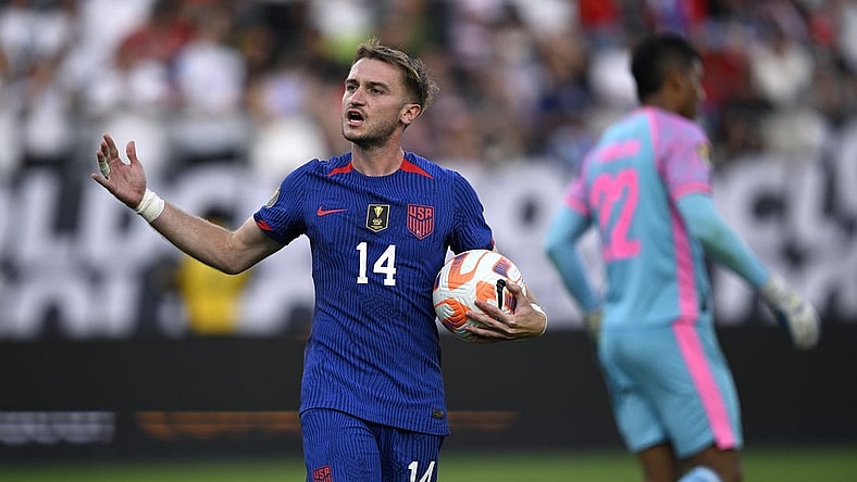 Jul 12, 2023; San Diego, CA, USA; United States midfielder Djordje Mihailovic (14) reacts after scoring during the penalty kick shootout against Panama at Snapdragon Stadium. Mandatory Credit: Orlando Ramirez-USA TODAY Sports