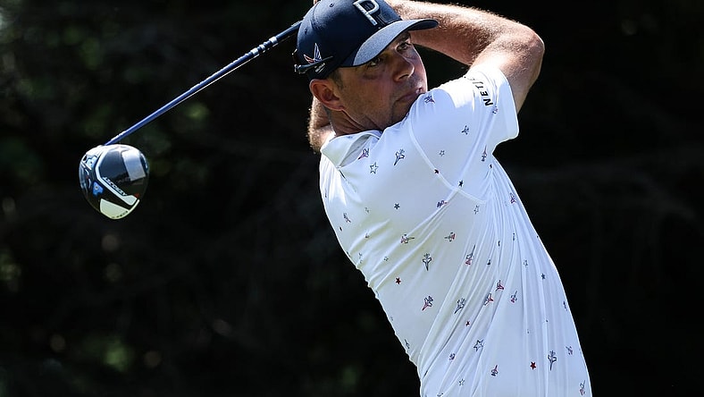 Jul 27, 2023; Blaine, Minnesota, USA; Gary Woodland hits his tee shot on the 2nd hole during the first round of the 3M Open golf tournament. Mandatory Credit: Matt Krohn-USA TODAY Sports