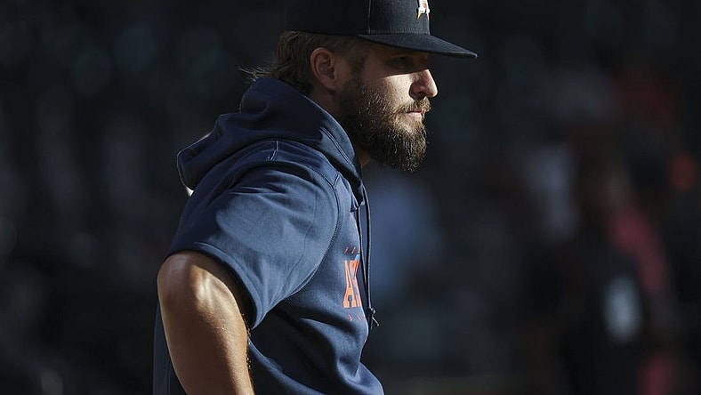 Aug 1, 2023; Houston, Texas, USA; Houston Astros relief pitcher Kendall Graveman (31) stands on the field before the game against the Cleveland Guardians at Minute Maid Park. Mandatory Credit: Troy Taormina-USA TODAY Sports