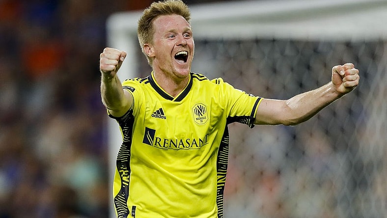 Aug 4, 2023; Cincinnati, OH, USA; Nashville SC midfielder Dax McCarty (6) reacts after midfielder Anibal Godoy (not pictured) scores a goal against FC Cincinnati in the second half at TQL Stadium. Mandatory Credit: Katie Stratman-USA TODAY Sports