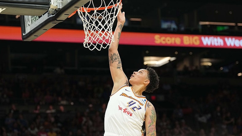 Aug 5, 2023; Phoenix, Arizona, USA; Phoenix Mercury center Brittney Griner (42) puts up a layup against the Seattle Storm during the first half at Footprint Center. Mandatory Credit: Joe Camporeale-USA TODAY Sports