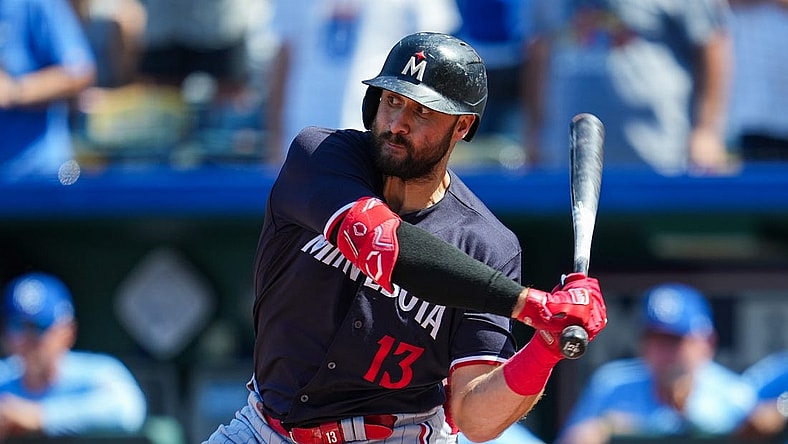 Jul 30, 2023; Kansas City, Missouri, USA; Minnesota Twins left fielder Joey Gallo (13) bats during the ninth inning against the Kansas City Royals at Kauffman Stadium. Mandatory Credit: Jay Biggerstaff-USA TODAY Sports