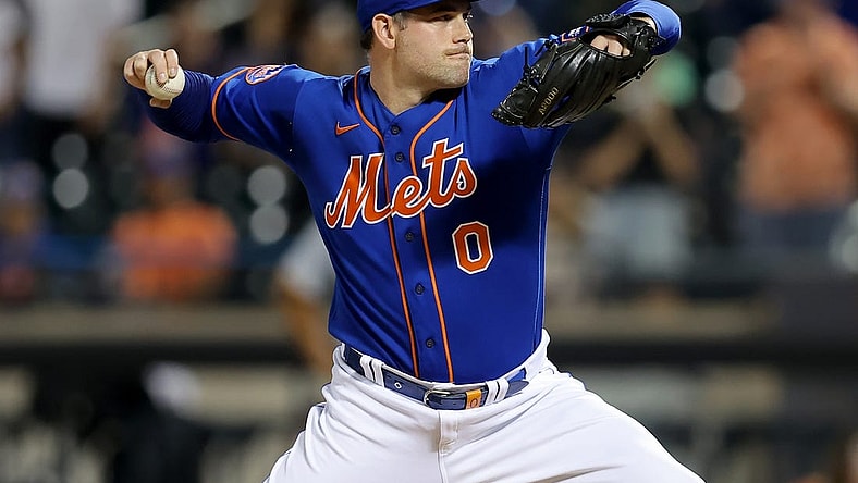 Aug 14, 2023; New York City, New York, USA; New York Mets relief pitcher Adam Ottavino (0) pitches against the Pittsburgh Pirates during the ninth inning at Citi Field. Mandatory Credit: Brad Penner-USA TODAY Sports