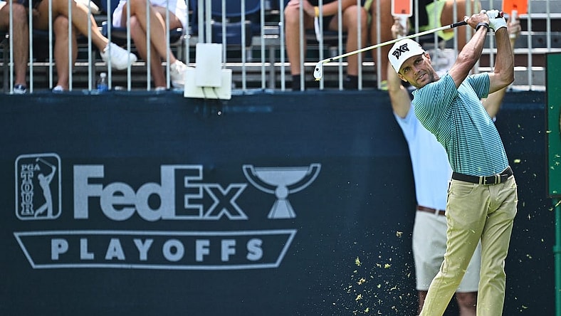 Aug 18, 2023; Olympia Fields, Illinois, USA; Eric Cole tees off from the 16th tee during the second round of the BMW Championship golf tournament. Mandatory Credit: Jamie Sabau-USA TODAY Sports