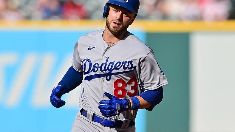 Aug 24, 2023; Cleveland, Ohio, USA; Los Angeles Dodgers designated hitter Michael Busch (83) rounds the bases after hitting a home run during the fourth inning against the Cleveland Guardians at Progressive Field. Mandatory Credit: Ken Blaze-USA TODAY Sports