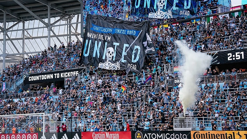Aug 27, 2023; Saint Paul, Minnesota, USA;  Minnesota United fans unveil the tifo against the Seattle Sounders in the first half at Allianz Field. Mandatory Credit: Brad Rempel-USA TODAY Sports