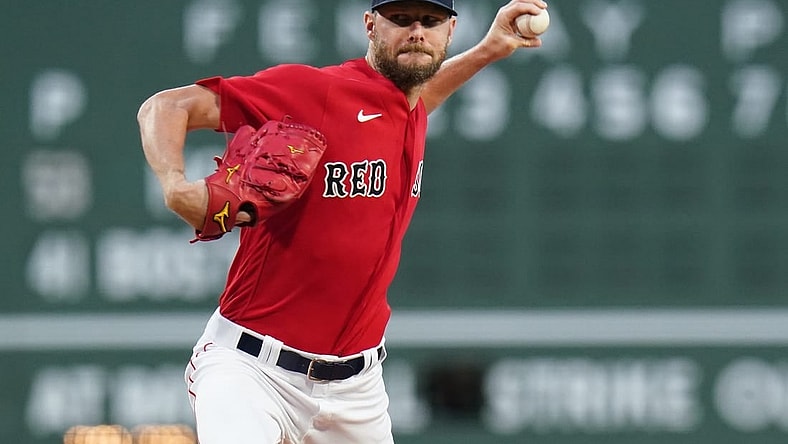 Aug 28, 2023; Boston, Massachusetts, USA; Boston Red Sox starting pitcher Chris Sale (41) throws a pitch against the Houston Astros in the first inning at Fenway Park. Mandatory Credit: David Butler II-USA TODAY Sports