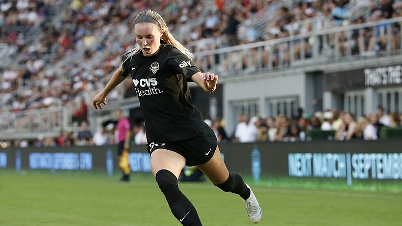 Aug 27, 2023; Washington, District of Columbia, USA; Washington Spirit defender Camryn Biegalski (30) controls the ball against Portland Thorns FC at Audi Field. Mandatory Credit: Amber Searls-USA TODAY Sports