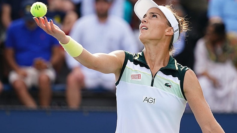 Aug 30, 2023; Flushing, NY, USA; Bernarda Pera of the United States serves against Xiyu Wang of China on day three of the 2023 U.S. Open tennis tournament at the USTA Billie Jean King National Tennis Center. Mandatory Credit: Jerry Lai-USA TODAY Sports
