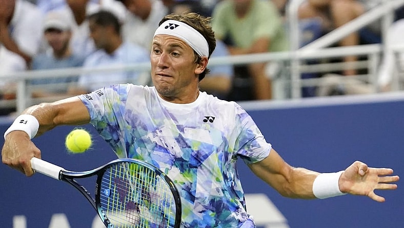 Aug 30, 2023; Flushing, NY, USA; Casper Ruud of Norway hits to Zhizhen Zhang of China on day three of the 2023 U.S. Open tennis tournament at USTA Billie Jean King National Tennis Center. Mandatory Credit: Danielle Parhizkaran-USA TODAY Sports