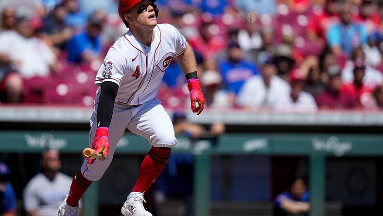 Cincinnati Reds center fielder Harrison Bader (4) watches aa he flies out in the first inning of an MLB National League game between the Cincinnati Reds and the Chicago Cubs at Great American Ball Park in downtown Cincinnati on Friday, Sept. 1, 2023. The first game of the doubleheader was tied 0-0 after three innings.