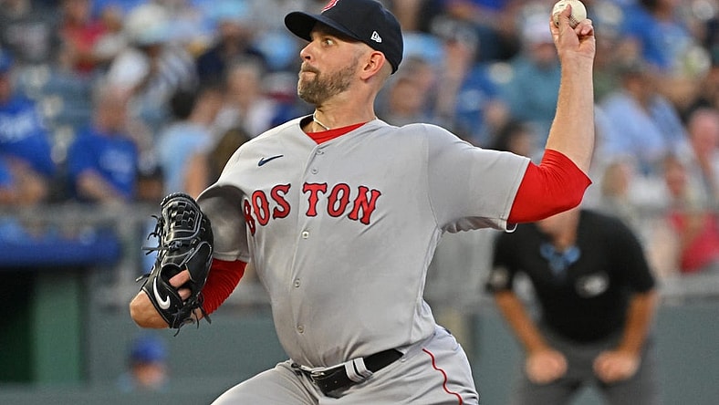 Sep 1, 2023; Kansas City, Missouri, USA;  Boston Red Sox starting pitcher James Paxton (65) delivers a pitch in the first inning against the Kansas City Royals at Kauffman Stadium. Mandatory Credit: Peter Aiken-USA TODAY Sports