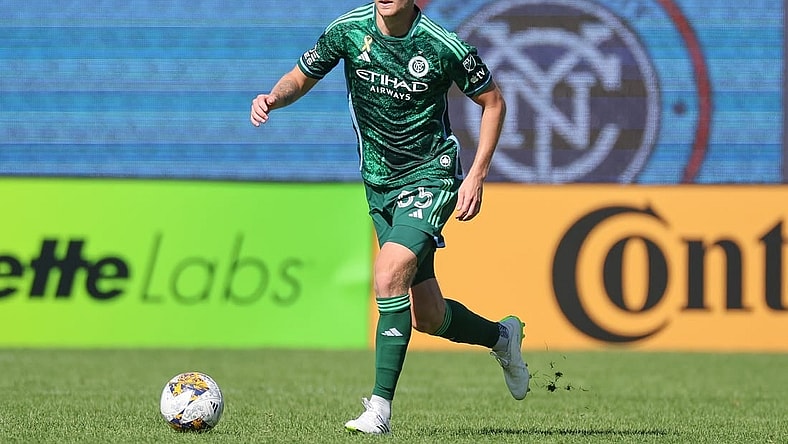 Sep 2, 2023; New York, New York, USA; New York City FC midfielder Keaton Parks (55) controls the ball against the Vancouver Whitecaps during the first half at Yankee Stadium. Mandatory Credit: Vincent Carchietta-USA TODAY Sports