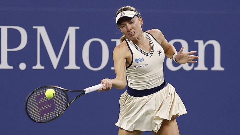Sep 2, 2023; Flushing, NY, USA; Ekaterina Alexandrova hits a forehand against Marketa Vondrusova of Czech Republic (not pictured) on day six of the 2023 U.S. Open tennis tournament at USTA Billie Jean King National Tennis Center. Mandatory Credit: Geoff Burke-USA TODAY Sports