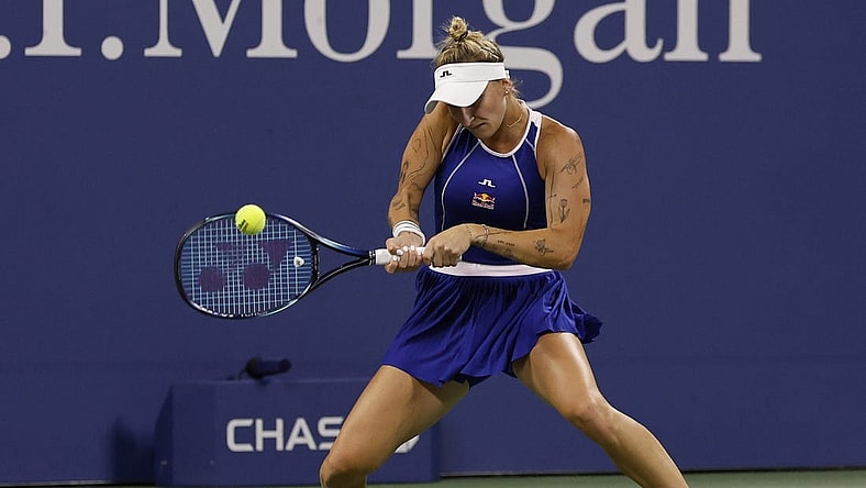 Sep 2, 2023; Flushing, NY, USA; Marketa Vondrusova of Czech Republic hits a backhand against Ekaterina Alexandrova (not pictured) on day six of the 2023 U.S. Open tennis tournament at USTA Billie Jean King National Tennis Center. Mandatory Credit: Geoff Burke-USA TODAY Sports
