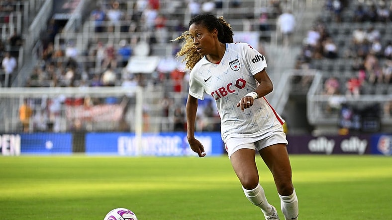 Sep 3, 2023; Washington, District of Columbia, USA; Chicago Red Stars defender Casey Krueger (6) controls the ball against the Washington Spirit during the second half at Audi Field. Mandatory Credit: Brad Mills-USA TODAY Sports